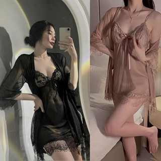 Set đồ ngủ sexy nữ gồm váy và áo choàng kiểu đầm 2 dây xuyên thấu có quần lót khiêu gợi,Kết cấu lụa thoải mái