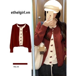 Ethelgirl Quần Áo Nữ Năm Mới Giáng Sinh Màu Đỏ Hai Mảnh Nối Nơ Đan Cardigan Hàn Quốc Áo Len Hàng Đầu