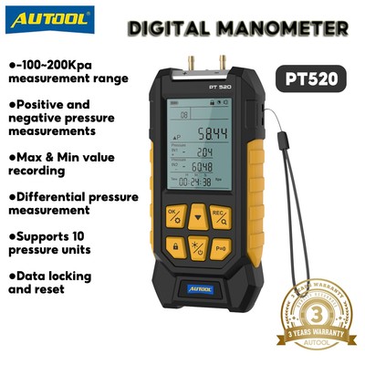AUTOOL PT520 Đồng hồ đo chênh lệch áp suất kỹ thuật số - Đồng hồ đo áp suất không khí 100-200Kpa Đồng hồ đo chân không âm Đồng hồ đo giám sát áp kế