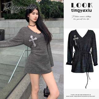 Tingyaxiu Váy chéo nữ buộc dây thắt lưng váy hông