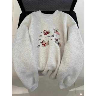 Áo hoodie hoạt hình thêu đường phố cao cấp Mỹ dành cho nữ mùa đông, phong cách dáng rộng và lười biếng, nhung dày và không mũ