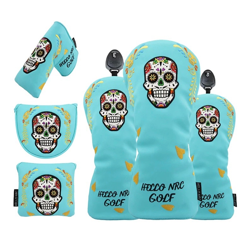 ●Boutique Thêu Skull Flower Golf Wood Cover 1 / 3 / 5 / UT Club Vỏ bảo vệ số. 1 Gỗ Fairway Nắp Gỗ La