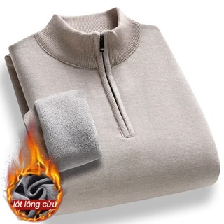 Nam Mùa Đông Nửa Zipped Đứng Cổ Áo Lông Cừu Dày Lót Dài Tay Áo Thun Nhân Quả Ấm Cơ Bản Áo Len Trung Niên Nhiệt Cao Cấp