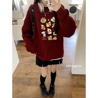 Ethelgirl Quần Áo Nữ Năm Mới Giáng Sinh Động Vật Hoạt Hình Đỏ Cổ Tròn Áo Hàn Quốc Quá Khổ Dài Tay Top