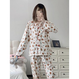 Bộ đồ ngủ dài tay Instagram in họa tiết giáng sinh hoạt hình quần dài cardigan nữ bộ đồ mặc nhà