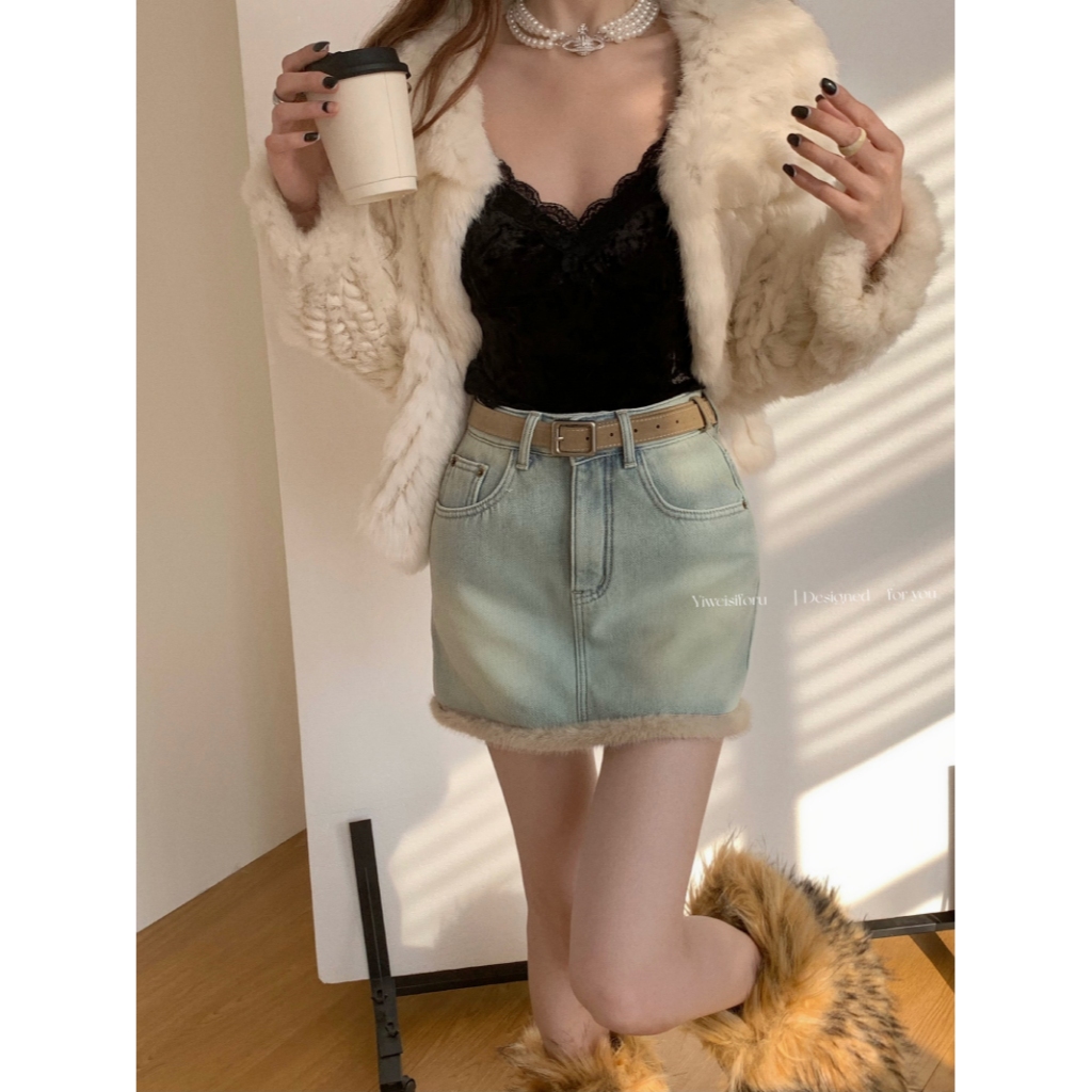 「MOTEL7」Váy Denim ống rộng lót lông cừu cổ điển dày