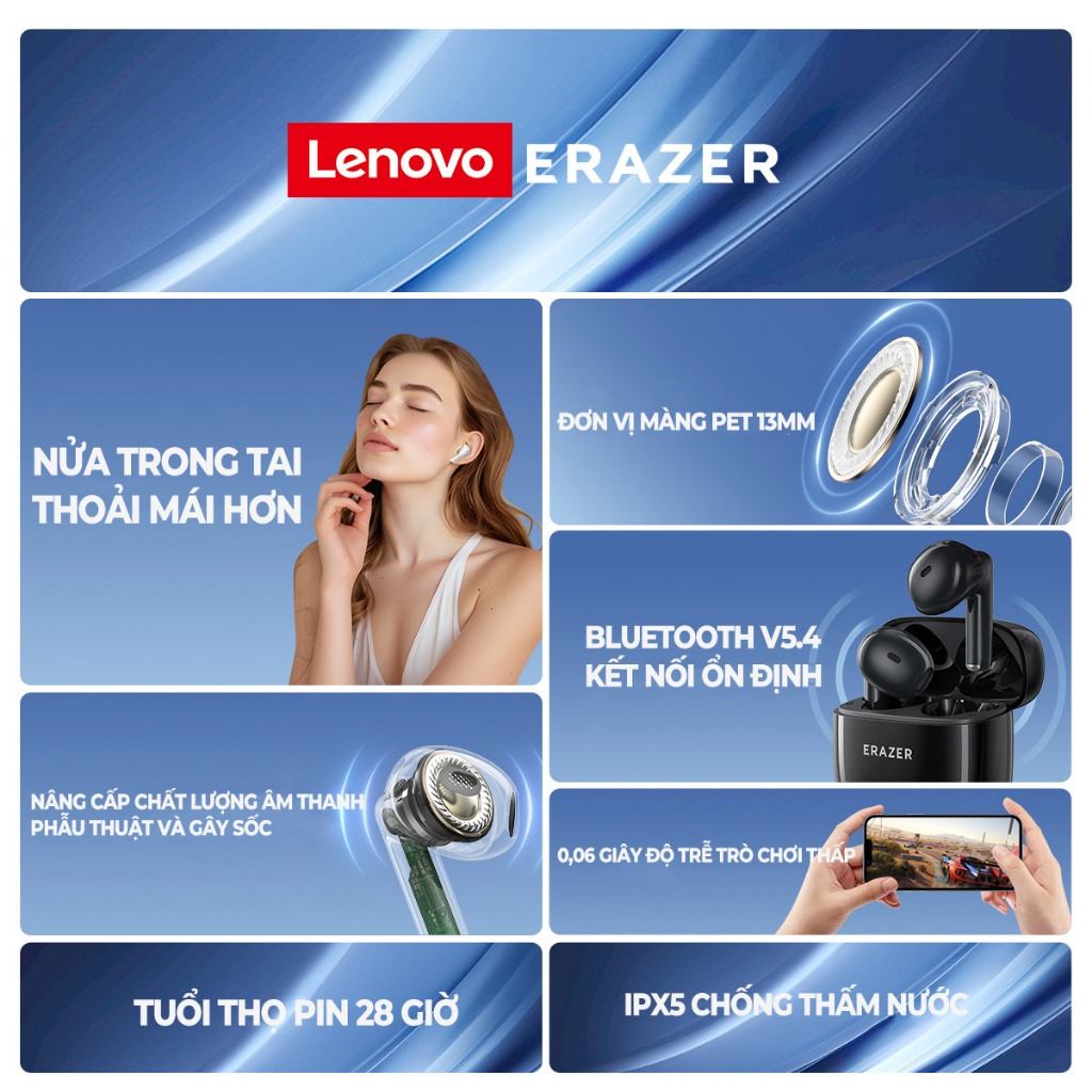 Lenovo Erazer XT92 ProTai nghe không dâyTWS V5.4 In-Ear HD Steres Tai nghe Giảm tiếng ồn Tai nghe trò chơi âm nhạc có Mic | BigBuy360 - bigbuy360.vn