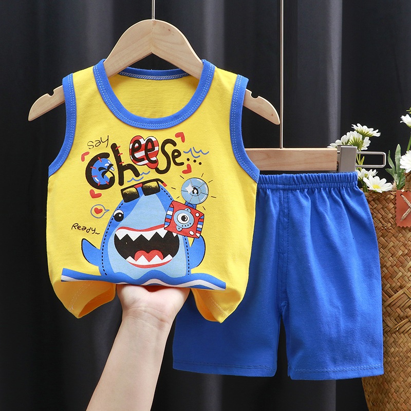 Bộ Áo Thun Sát Nách + Quần Short Cotton In Họa Tiết Hoạt Hình Phong Cách Hàn Quốc Thời Trang Cho Bé 