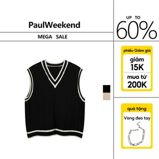 Áo len PaulWeekend cổ chữ V cổ điển mùa đông dáng rộng không tay