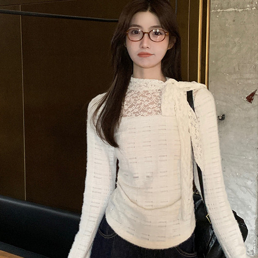 【W】Áo Thun Dài Tay Nữ Ren Bow tie straps Ôm body Thời trang Top khí chất | BigBuy360 - bigbuy360.vn