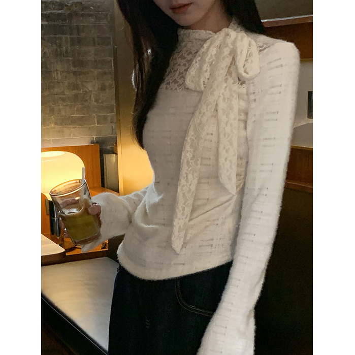 【W】Áo Thun Dài Tay Nữ Ren Bow tie straps Ôm body Thời trang Top khí chất | BigBuy360 - bigbuy360.vn