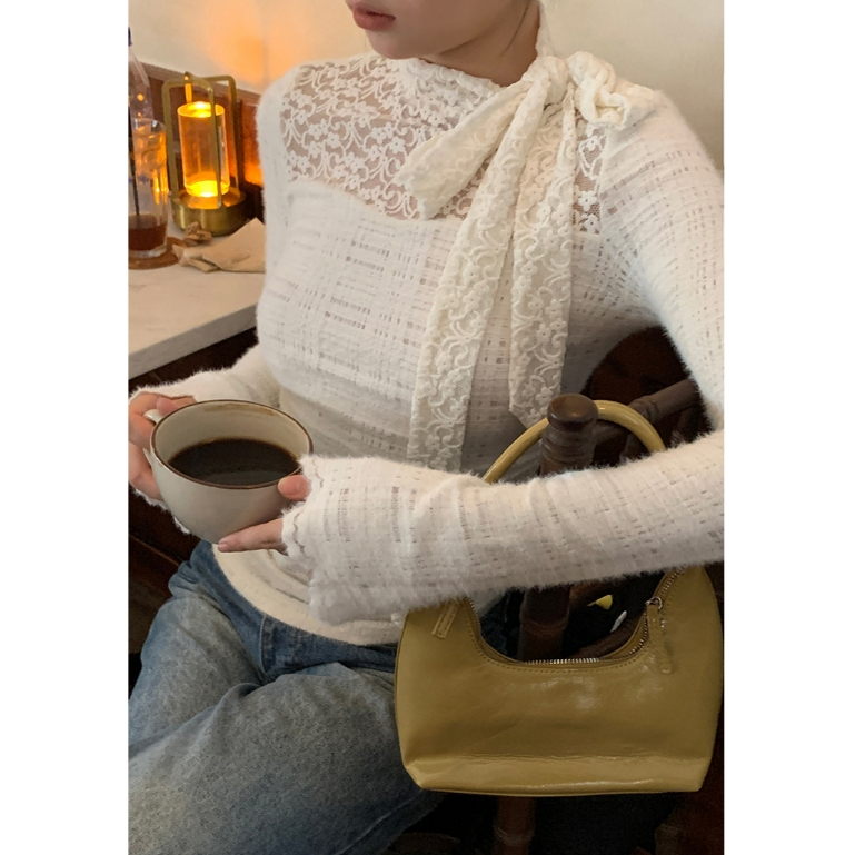 【W】Áo Thun Dài Tay Nữ Ren Bow tie straps Ôm body Thời trang Top khí chất | BigBuy360 - bigbuy360.vn