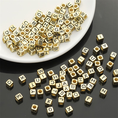 Bộ 50 6x6mm Acrylic A-Z Tiếng Anh Chữ Vuông Cổ Vàng Hạt Cho DIY Trang Sức Vòng Tay Vòng Cổ Làm Phụ Kiện