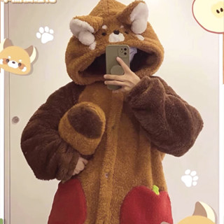 Áo choàng ngủ dáng rộng bằng vải lông cừu san hô hình gấu / dâu tây xinh xắn thoải mái Homewear đồ ngủ