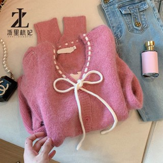 ZHELIHANGFEI Áo len dệt kim cổ chữ v màu hồng dành cho nữ Áo len tay phồng Cardigan