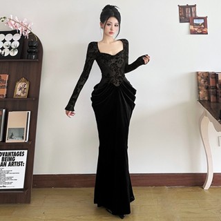  Weird Puss Lạ Puss Chắc Chắn Váy Rãnh Đậm Không Đều Cổ Vuông Tay Dài Chắp Vá Hình Eo Hông Cổ Thời Trang Phong Cách Đa Năng 