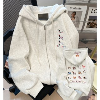 Mỹ retro xúc xích chó thêu nguyên chất cotton dây kéo cardigan áo khoác nữ mùa thu đông cộng với nhung oversized có mũ trùm đầu