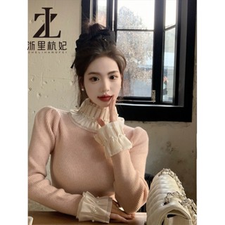 ZHELIHANGFEI Áo len tay phồng nữ nửa cổ cao đáy áo sơ mi bên trong Pure Desire Top Áo len