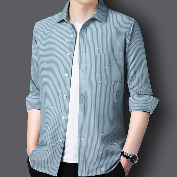 Áo sơ mi nam sọc mới in hình trắng Áo sơ mi công sở dài tay Áo sơ mi công sở