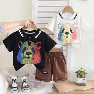 Bộ Tay Ngắn Mùa Hè Bé Trai 2025 Phong Cách Mới Mùa Hè Phương Tây Thường Ngày Nhiều Màu Sắc Đầu Gấu Trúc Hai Mảnh Bộ Cho Trẻ Em Trung Và Nhỏ