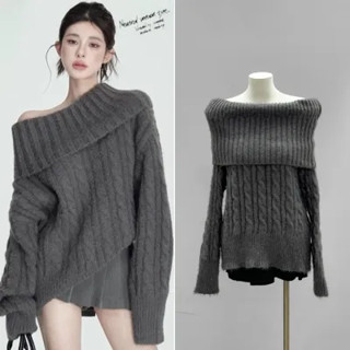 NZN Áo len cổ cao dài tay dáng rộng một vai màu xám thời trang Hàn Quốc dành cho nữ