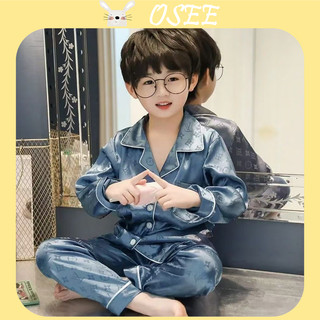 [Osee] Bộ Đồ Ngủ Bằng Lụa Băng Mỏng Tay Dài Màu Trơn In Hình Cha Và Con Trai Thời Trang Xuân Thu Dành Cho Học Sinh Trung Học