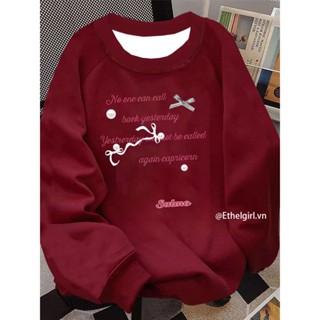 Ethelgirl Quần Áo Nữ Thời Trang Giáng Sinh Đỏ "Nơ" In Chữ Áo Hàn Quốc Năm Mới Tay Dài