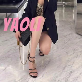 YAOLI Giày Cao Gót Hở Mũi Màu Đen In Chữ Thời Trang Quyến Rũ Cho Nữ