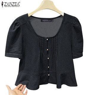 Zanzea Nữ Thanh Lịch Hàn Quốc Cổ Chữ U Tay Ngắn Bong Bóng Nối Áo Ruffle