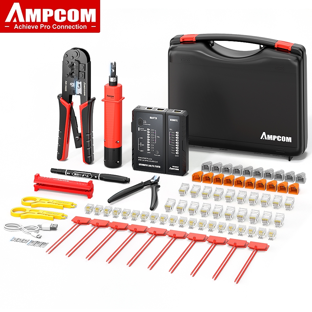 AMPCOM Bộ Dụng Cụ Kiểm Tra Mạng và Kéo Dây  RJ45 Crimper, Bộ Dụng Cụ Striper Cáp Ethernet, Dụng Cụ Đ