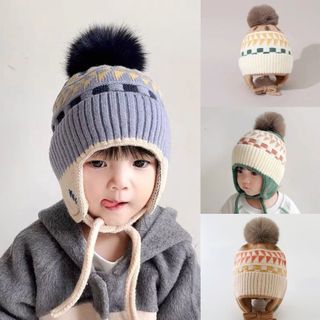  Mũ Bé Mùa Thu Đông Thời Trang Lông Bóng Dệt Kim Earflaps Mũ Mùa Đông Bé Trai Và Bé Gái Dày Ấm Áp Mũ Len 