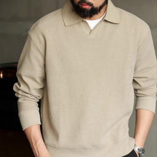 [Polo Series] Áo nỉ dày có họa tiết da lộn cổ điển kiểu Mỹ cổ chữ V dài tay cổ chữ V Áo sơ mi polo nam