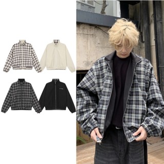 Tianlesiwei [Trang phục hai mặt] Áo khoác cao cấp kẻ sọc hai mặt mùa thu dành cho nam và nữ Áo khoác cổ đứng cổ điển kiểu Mỹ