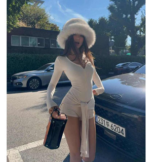 Châu Âu Mỹ Siêu Gợi Cảm Hot Girl Sang Trọng Thời Trang Thắt Lưng Ren-Up Body Hai Mảnh Dài Tay Skinny Ôm Hơn Nhìn Dây Kéo Body Cổ Chữ V Một Mảnh Áo Thun Nữ Hàn Quốc Manman Pure De