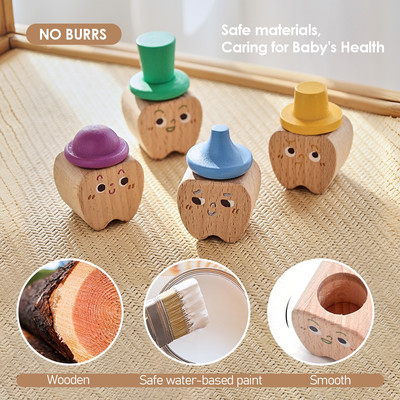 [Sẵn Sàng] 4 Cái / bộ Hộp Bảo Quản Răng Sữa Cho Bé Hoạt Hình Răng Bằng Gỗ Hộp Lưu Đồ Hộp