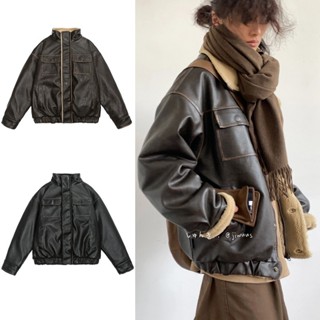 Youtang Mỹ retro nam nữ cộng với nhung pu áo khoác da mùa đông dáng rộng cổ đứng ấm quần áo cotton