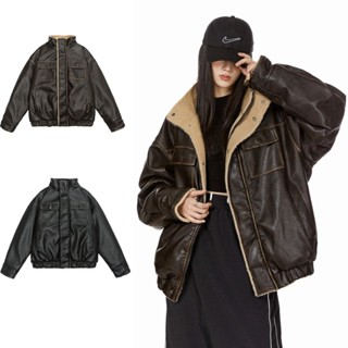 Tianlesiwei Mùa đông dáng rộng cổ áo cotton ấm áp phong cách retro Mỹ nam nữ cộng với áo khoác da pu nhung