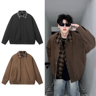 Tianlesiwei Áo khoác nam nữ dáng rộng đường phố cao cấp Mỹ mùa thu đông giả hai mảnh áo khoác ve áo kẻ sọc đẹp trai