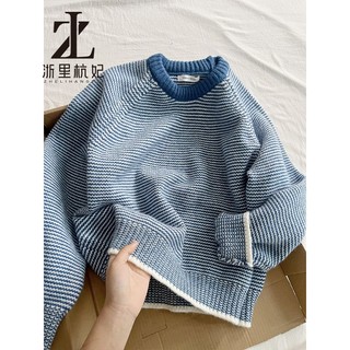  ZHELIHANGFEI Mặc áo len chui đầu sọc tương phản vào cuối mùa thu đầu mùa đông dành cho nữ áo len dệt kim dài vừa dáng rộng và lười biếng cho mùa 