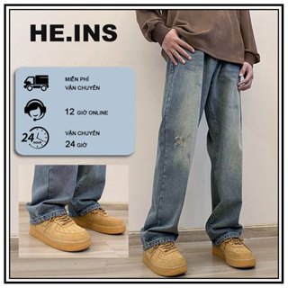 HEINS quần jean nam ống rộng Quần jean xanh quần bò nam boy phố quần jean nam dài quần jean rách gối retro quần baggy nam quần jean nam ống đứng