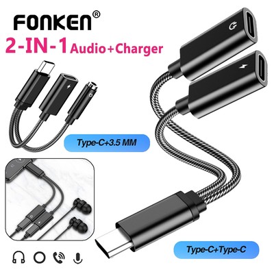 Bộ chuyển đổi âm thanh USB C 2 trong 1 Fonken sang giắc cắm 3,5 mm Cáp sạc nhanh Type-C