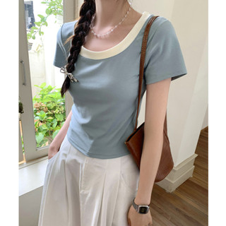 70526 Màu Sắc Tương Phản Cổ Vuông Cotton Nguyên Chất Áo Thun Nữ Tay Ngắn