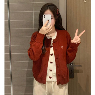  Kii Wii Áo len dệt kim dài tay nơ ngọt ngào mùa thu đông mới dành cho nữ Hàn Quốc 241118 