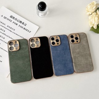 Ốp Da PU Da Cừu Mờ Cho iPhone 16 15 14 13 Pro Max Mạ Kim Loại Camera Retro Cover