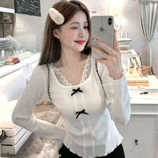  MTMM ren áo thun dài tay nơ hàn quốc màu đặc mùa thu đông áo len dệt kim croptop dài 
