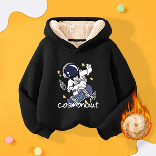  Áo Hoodie bé trai có mũ trùm đầu cho trẻ em Áo nỉ lông cừu giữ nhiệt In hình Spaceman 