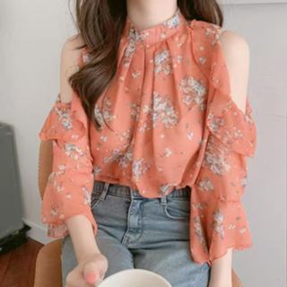 Chiffon Shirt Off Shoulder Áo Trễ Vai Nhún Bèo Họa Tiết Hoa Phong Cách Hàn Quốc Ngọt Ngào Thời Trang Mùa Hè Cho Nữ