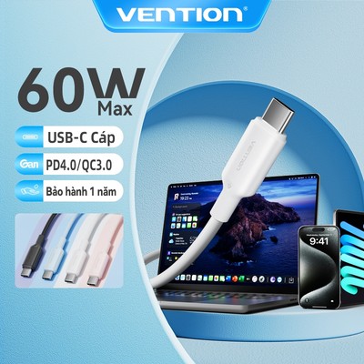 Cáp PD 60W Vention USB C Sạc Nhanh Loại C Cáp Dẫn Dữ Liệu Tương Thích Với Thunderbolt 3 MacBook Pro ip 16 iPad Air 4 Màn Hình Samsung S20 FE