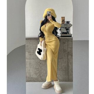 Pure Desire Style Kardashan Váy dài đến mắt cá chân dệt kim đơn dài đến mắt cá chân kiểu Pháp Slim-Fit Slimmer Look Váy lớn Váy dài tay đáy Áo len mùa thu đông Sàn dài tay hông