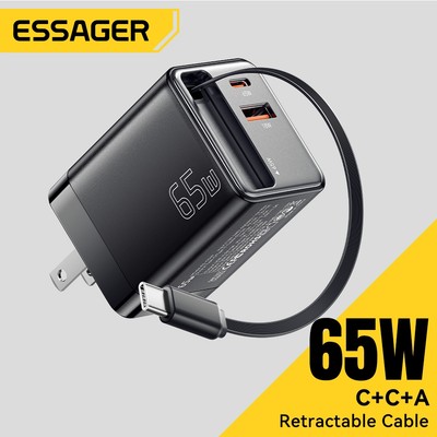 Essager 65W GaN Supert Sạc 3 Trong 1 Với Cáp Có Thể Thu Vào Tích Hợp + Type-C + USB A Cổng Sạc Có Thể Gập Lại